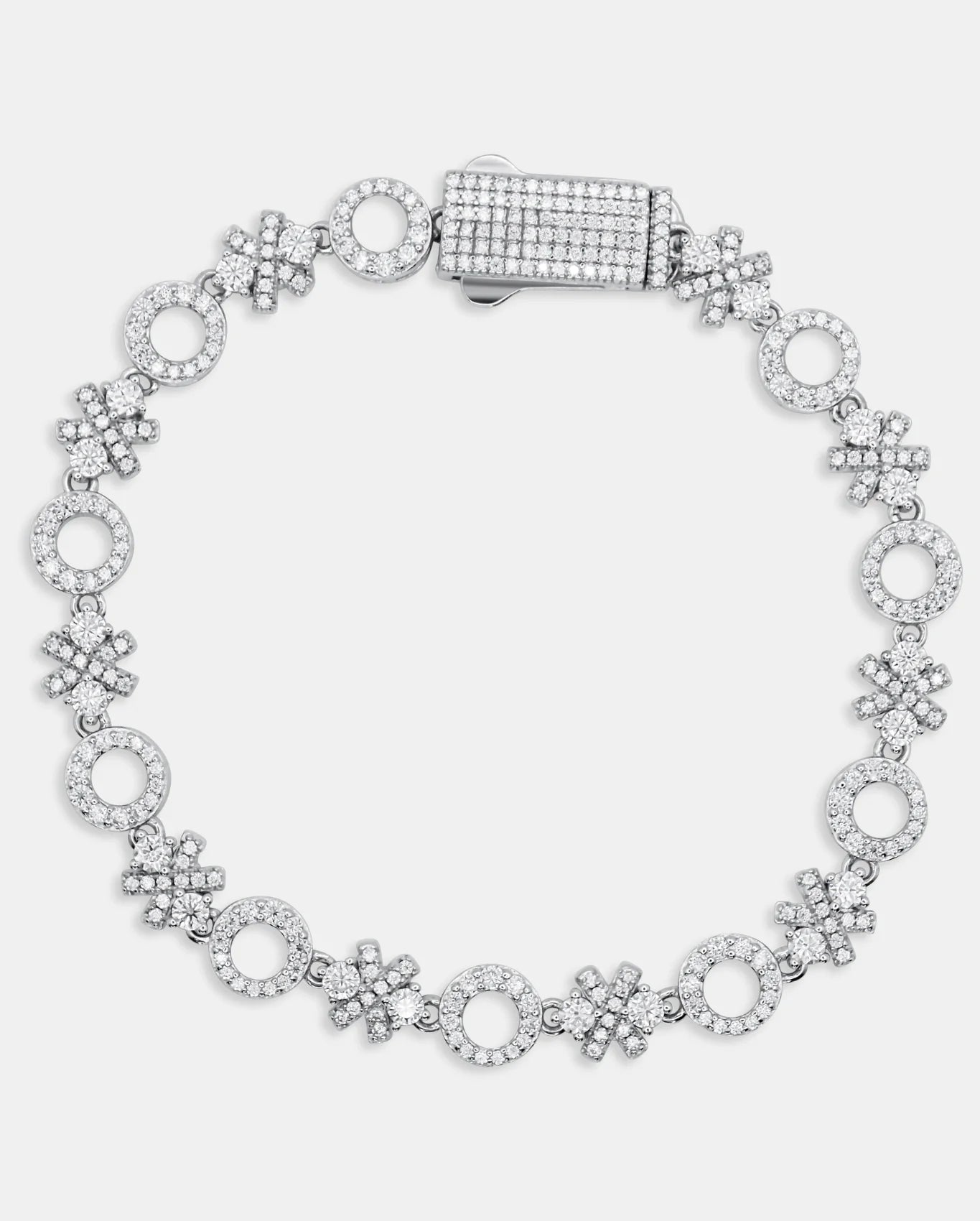 Top-down product photo of the ÉLIX 925 silver bracelet arranged in a circle, with repeating pavé moissanite O-and-X links and a rectangular stone-set clasp — AETHER