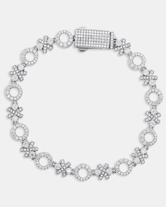Top-down product photo of the ÉLIX 925 silver bracelet arranged in a circle, with repeating pavé moissanite O-and-X links and a rectangular stone-set clasp — AETHER