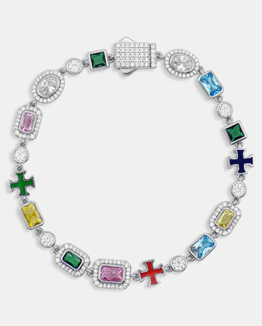 Full front view of the ÓPALLION 925 silver bracelet with multicolored cubic zirconia, pavé moissanite accents and enamel cross motifs — AETHER
