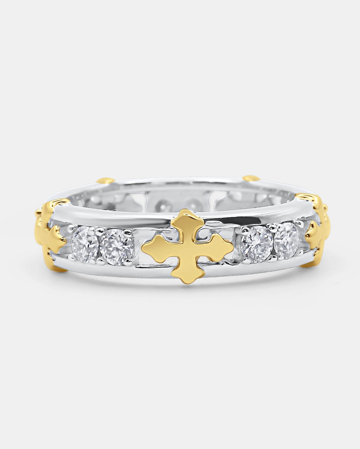 Front view of the SÝZEVXIS 925 silver ring with round-cut moissanite stones and gold-tone cross motifs — AETHER
