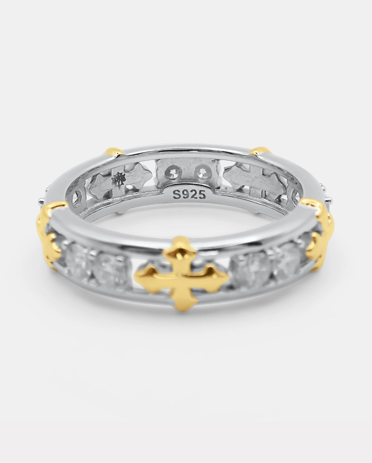Rear view of the SÝZEVXIS 925 silver ring showing the S925 hallmark, moissanite stones and gold-tone crosses — AETHER